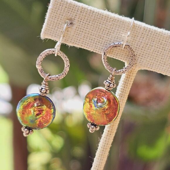 Freshwater Pearl Irrid. Coin Beads Ant. Sterling Etched Earrings - Picture 6 of 7